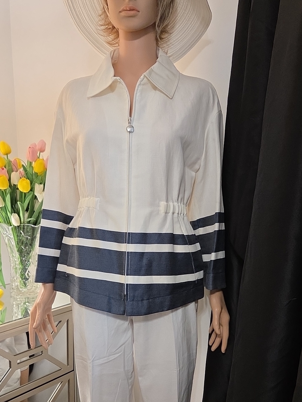 Women's White and Navy Striped Zip Front Jacket